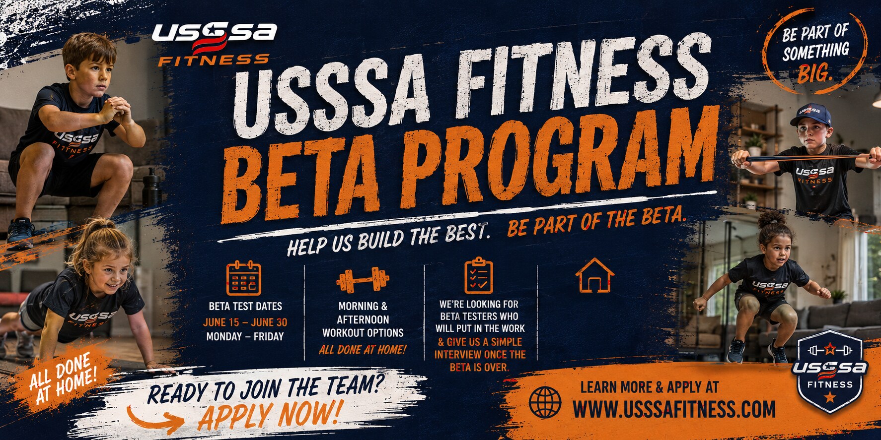 USSSA Fitness Beta Program — Help us build the best. Be part of the beta. June 15–30, Mon–Fri. Morning & afternoon workout options.